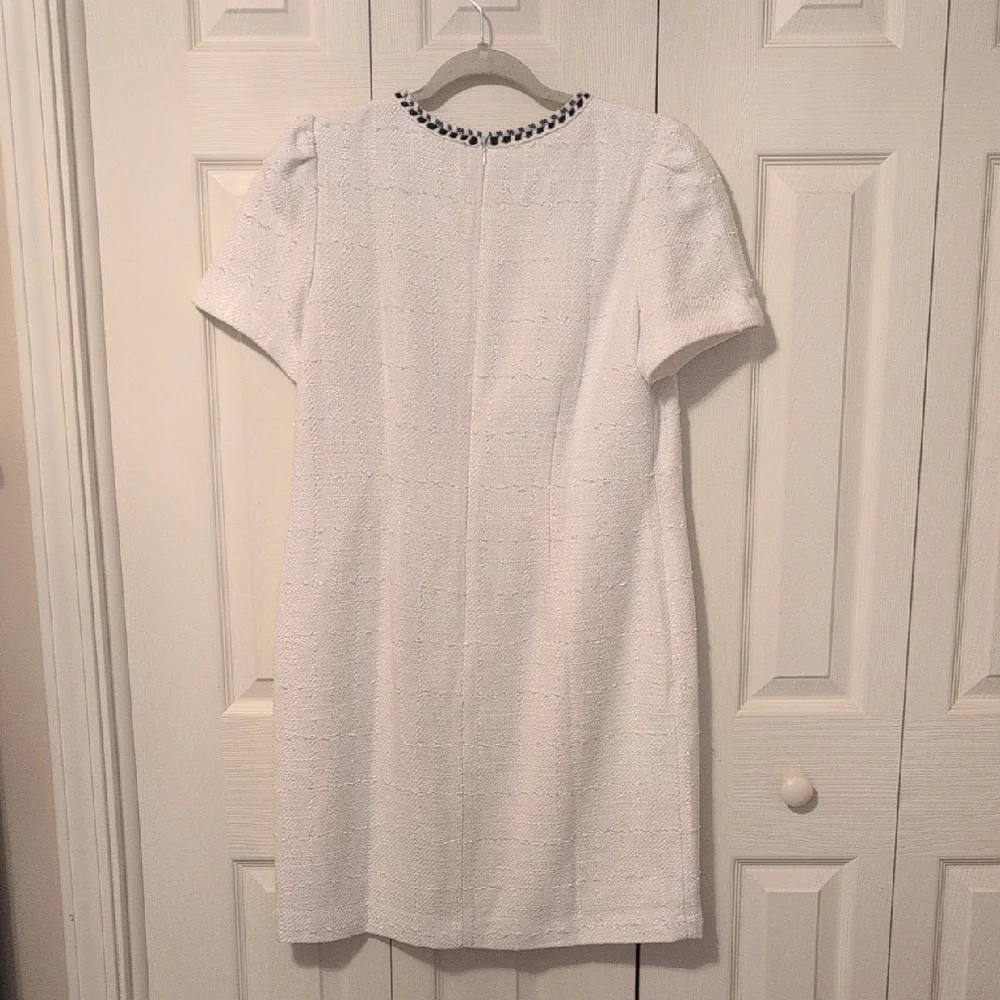 SALE White Ann Taylor Short Slv Tweed Dress w/ Black & Blue Trim - Picture 5 of 6